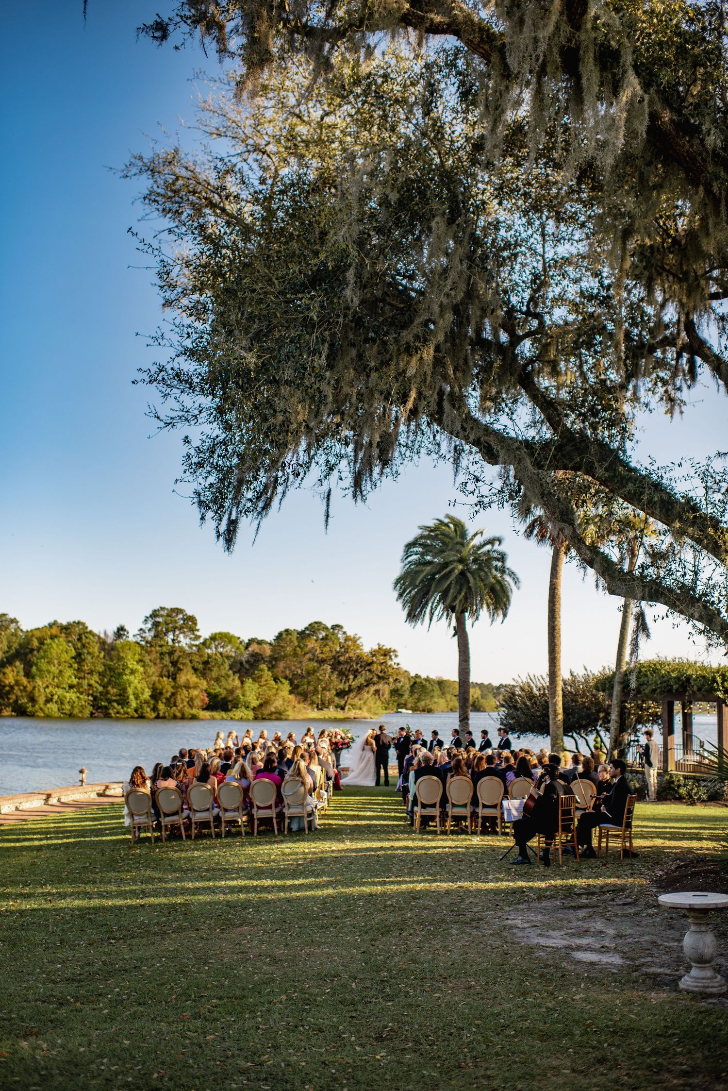 Wedding ceremony guests seated outdoors under Spanish moss draped oak trees at sunset by the water.