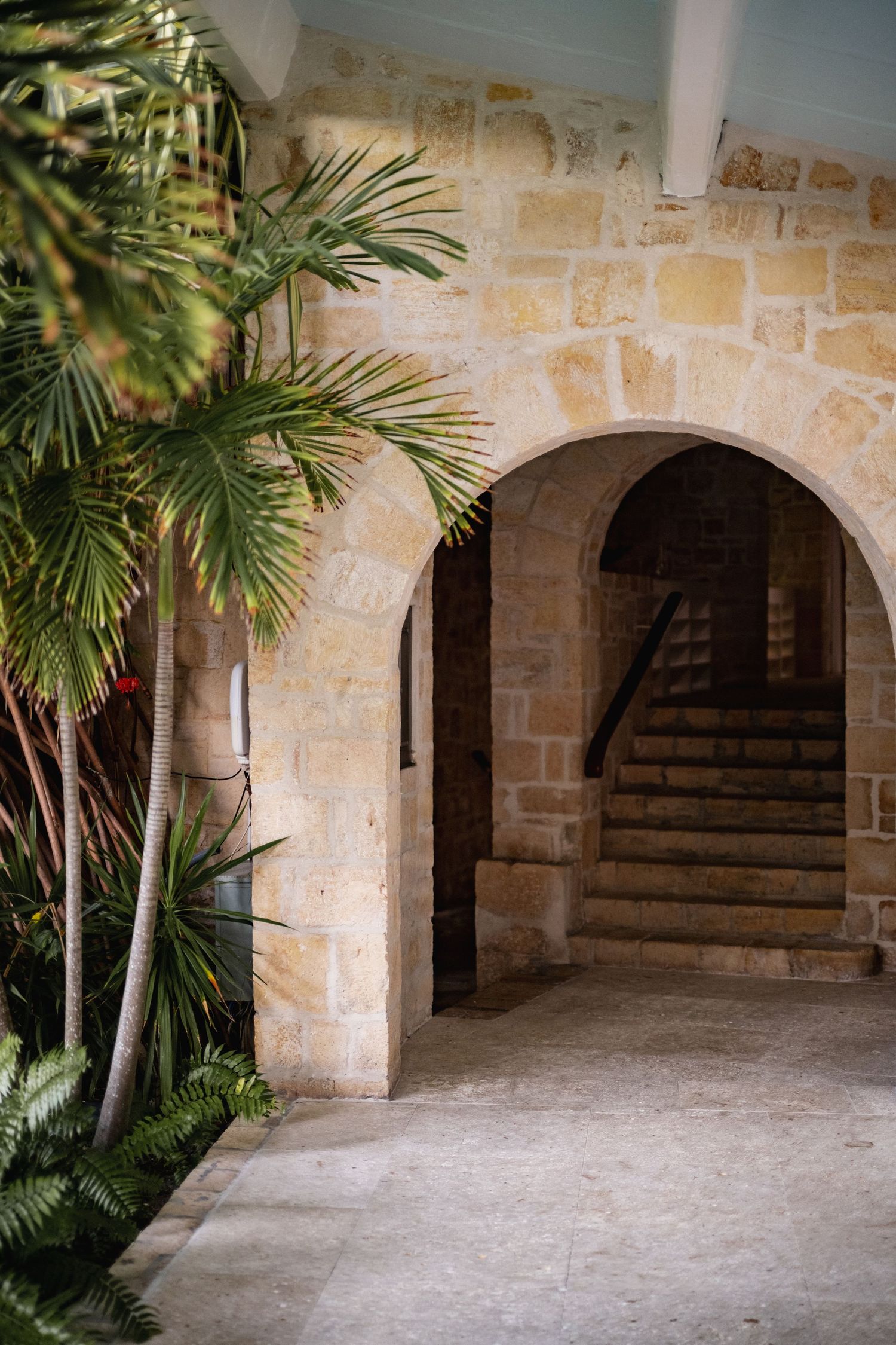 Stone archway entrance with palm trees leads to an elegant staircase in a Mediterranean-style building.