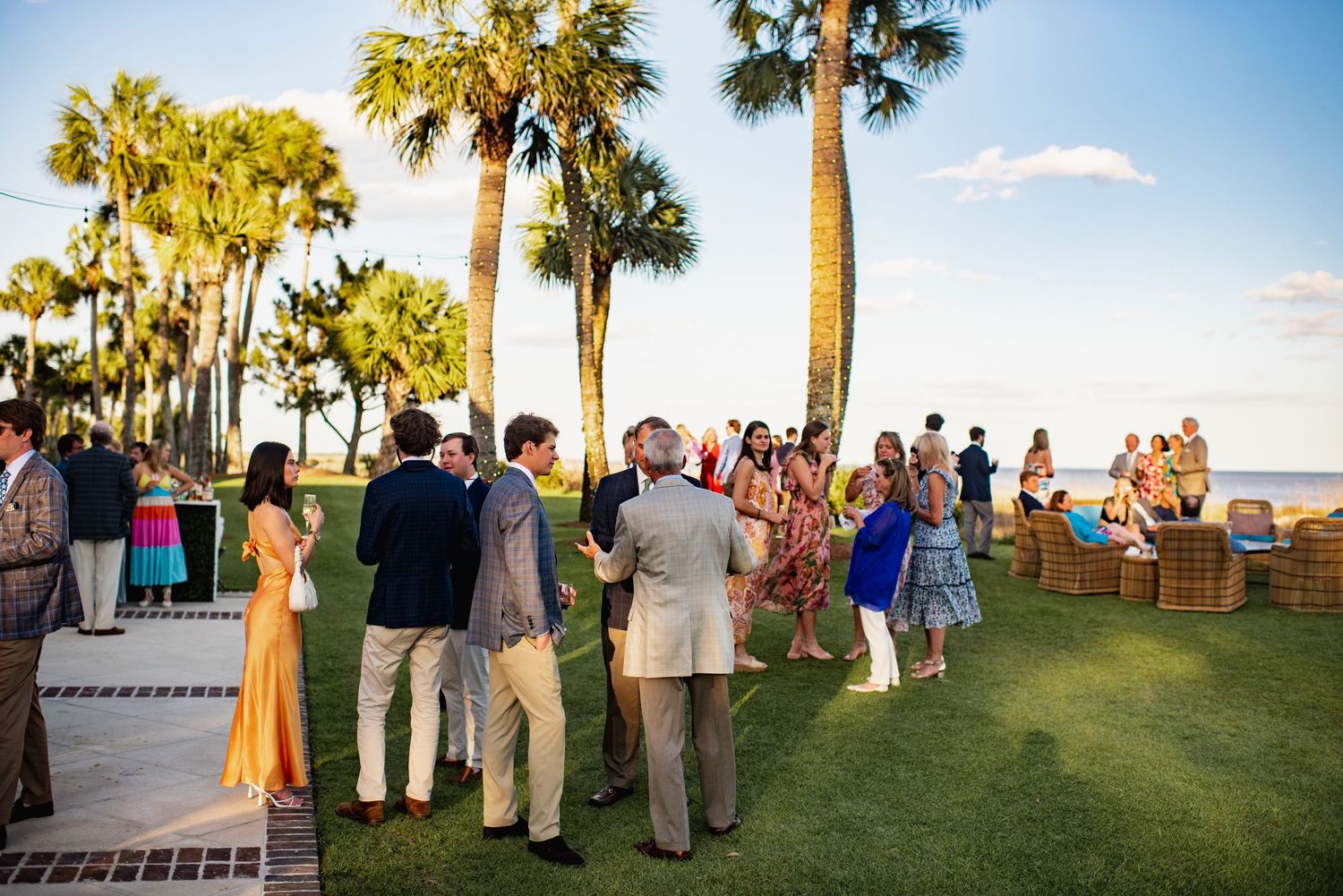 Wedding guests gather on a lush lawn overlooking the ocean at sunset with palm trees swaying in the breeze.