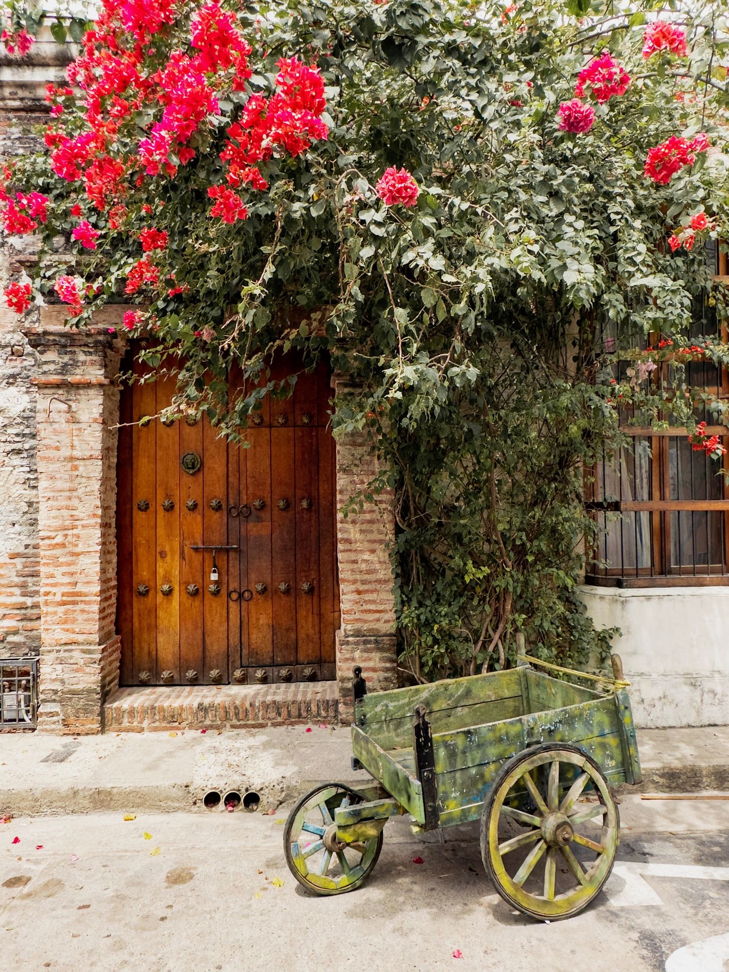 Rustic wooden cart decorated with bright red bougainvillea flowers against a stone wall with wooden doors.