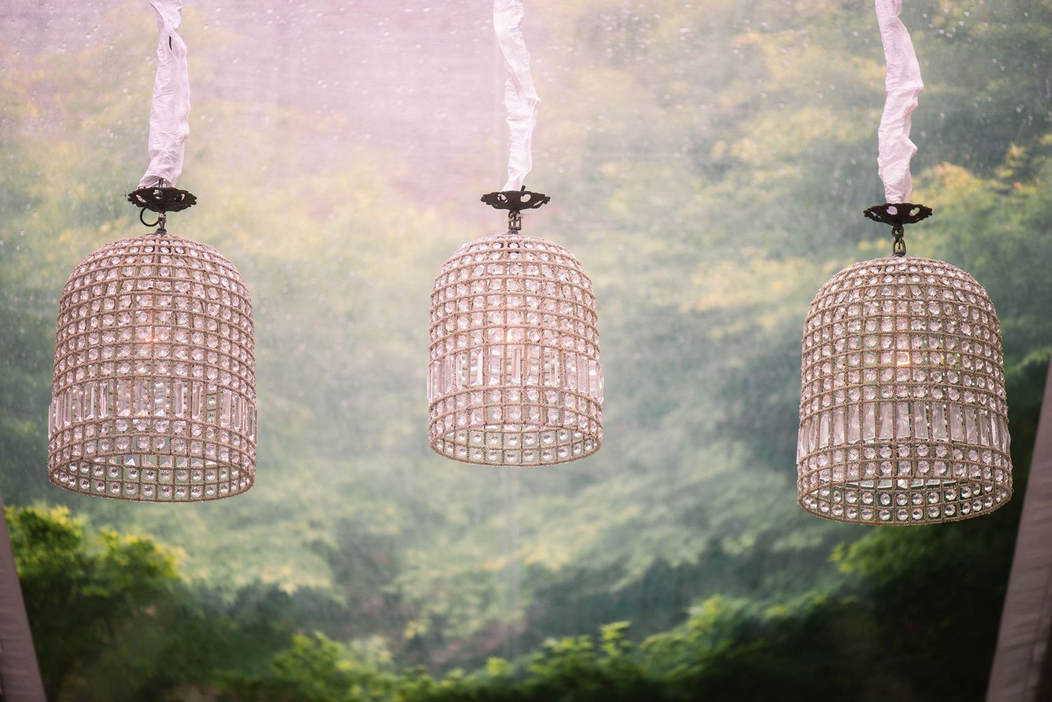 Three crystal beaded pendant lights hang from the ceiling against a dreamy green forest background.
