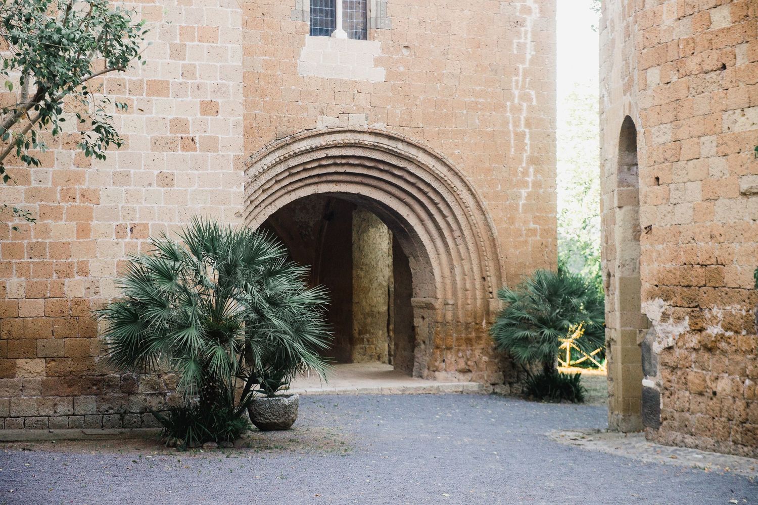 Ancient stone archways and palm trees line a historic courtyard pathway.