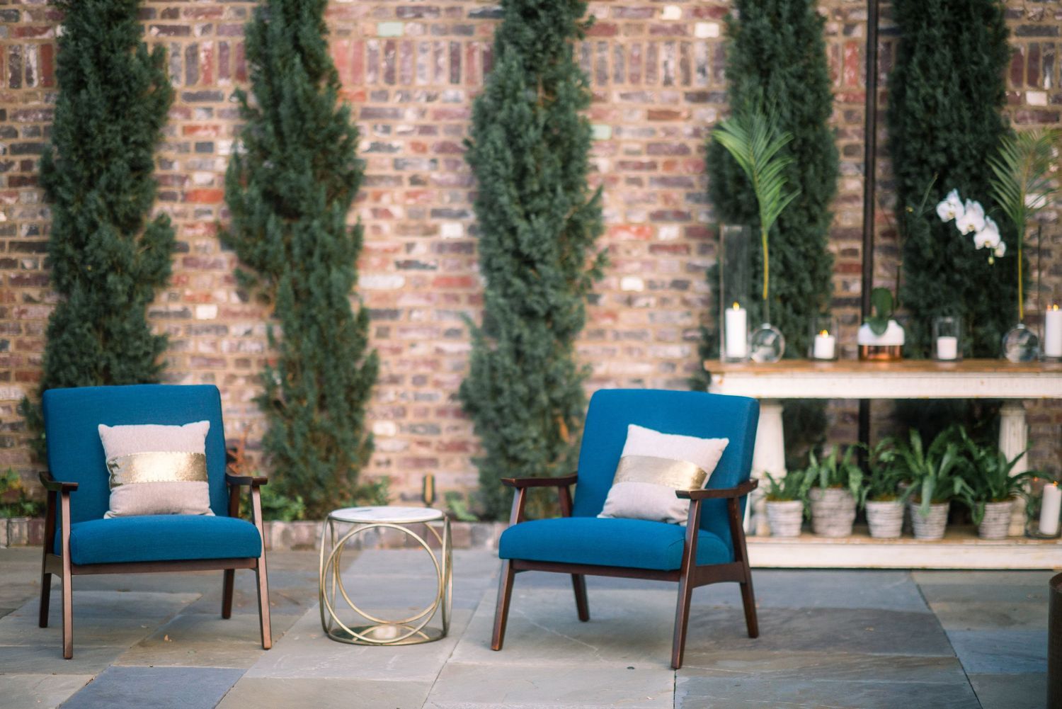 Modern blue velvet accent chair against exposed brick wall with potted cypress trees creates an elegant seating area.