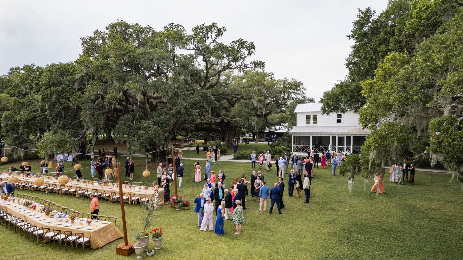 A panoramic view of an outdoor event with chairs arranged on a lawn beneath large oak trees.