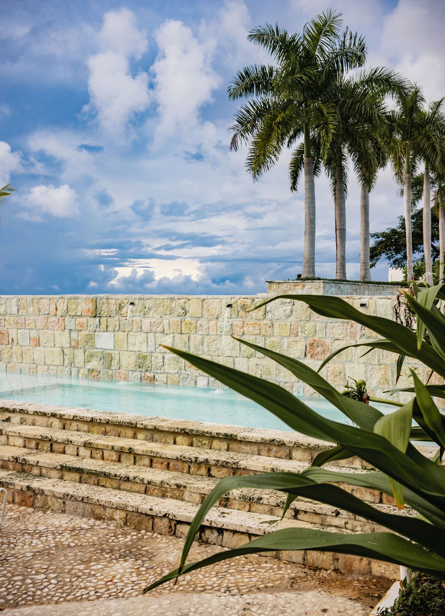 Stone amphitheater seating with palm trees and blue sky creates a tropical outdoor venue atmosphere.