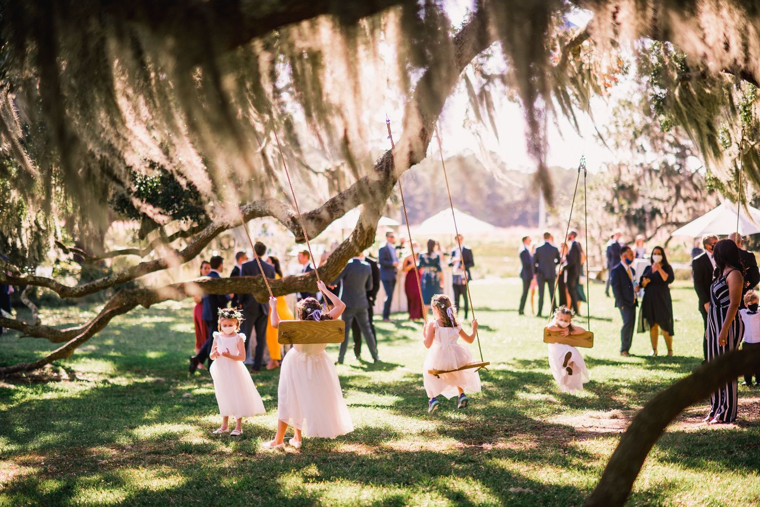 Wedding guests gather under majestic oak trees draped with Spanish moss during an outdoor ceremony.