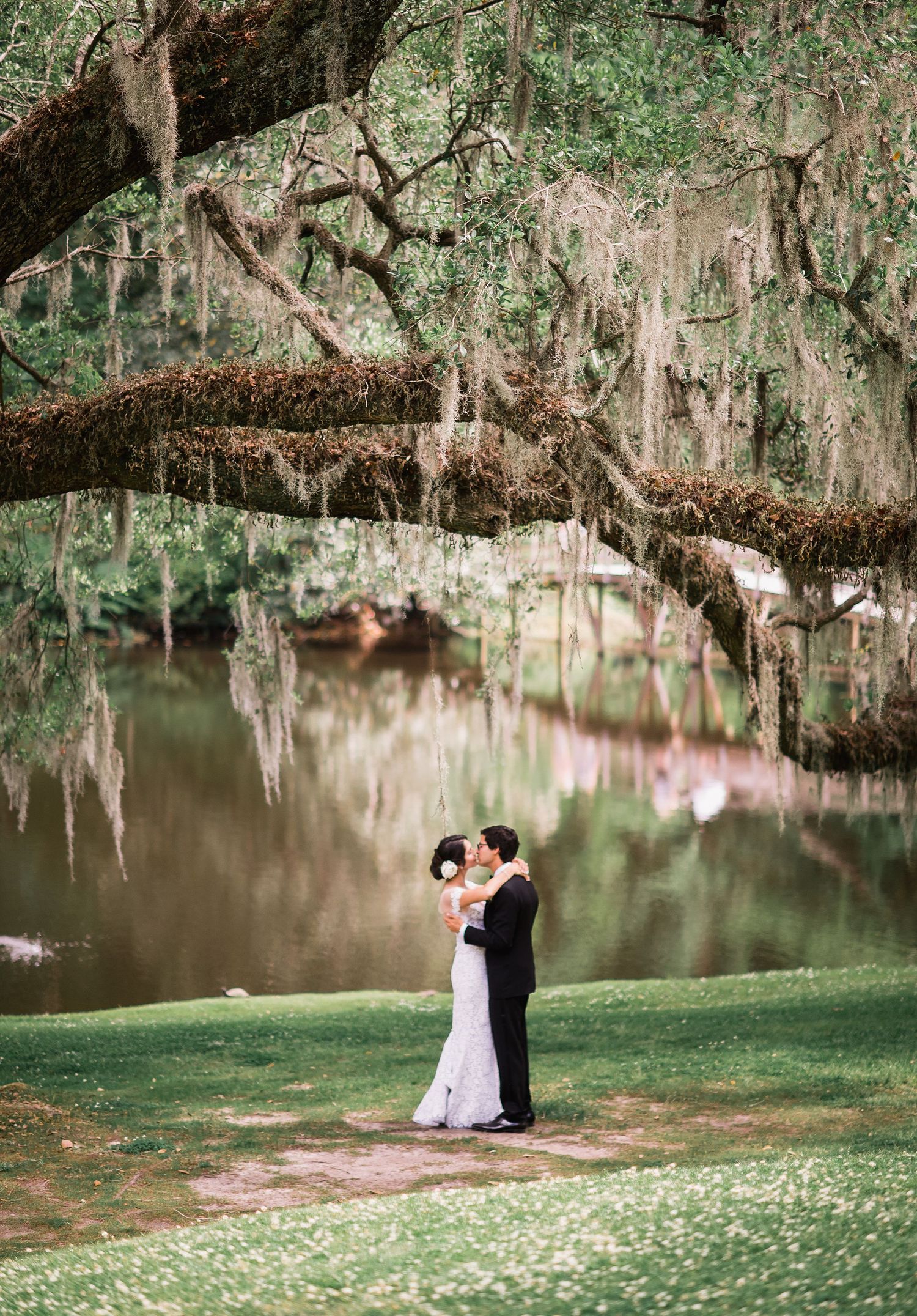 A romantic outdoor wedding scene beneath Spanish moss draped oak trees beside a tranquil lake at sunset.