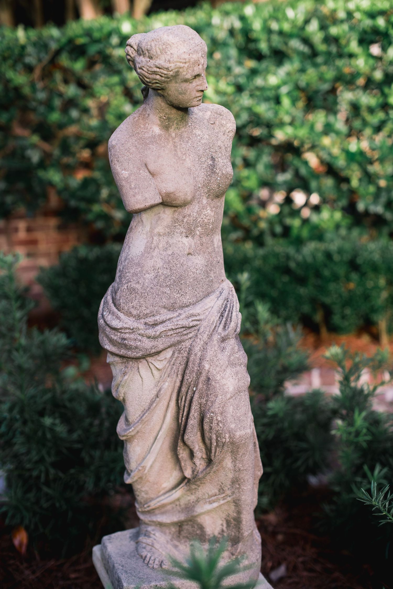 Classical stone garden statue of Venus de Milo style sculpture with draped fabric against green foliage background.