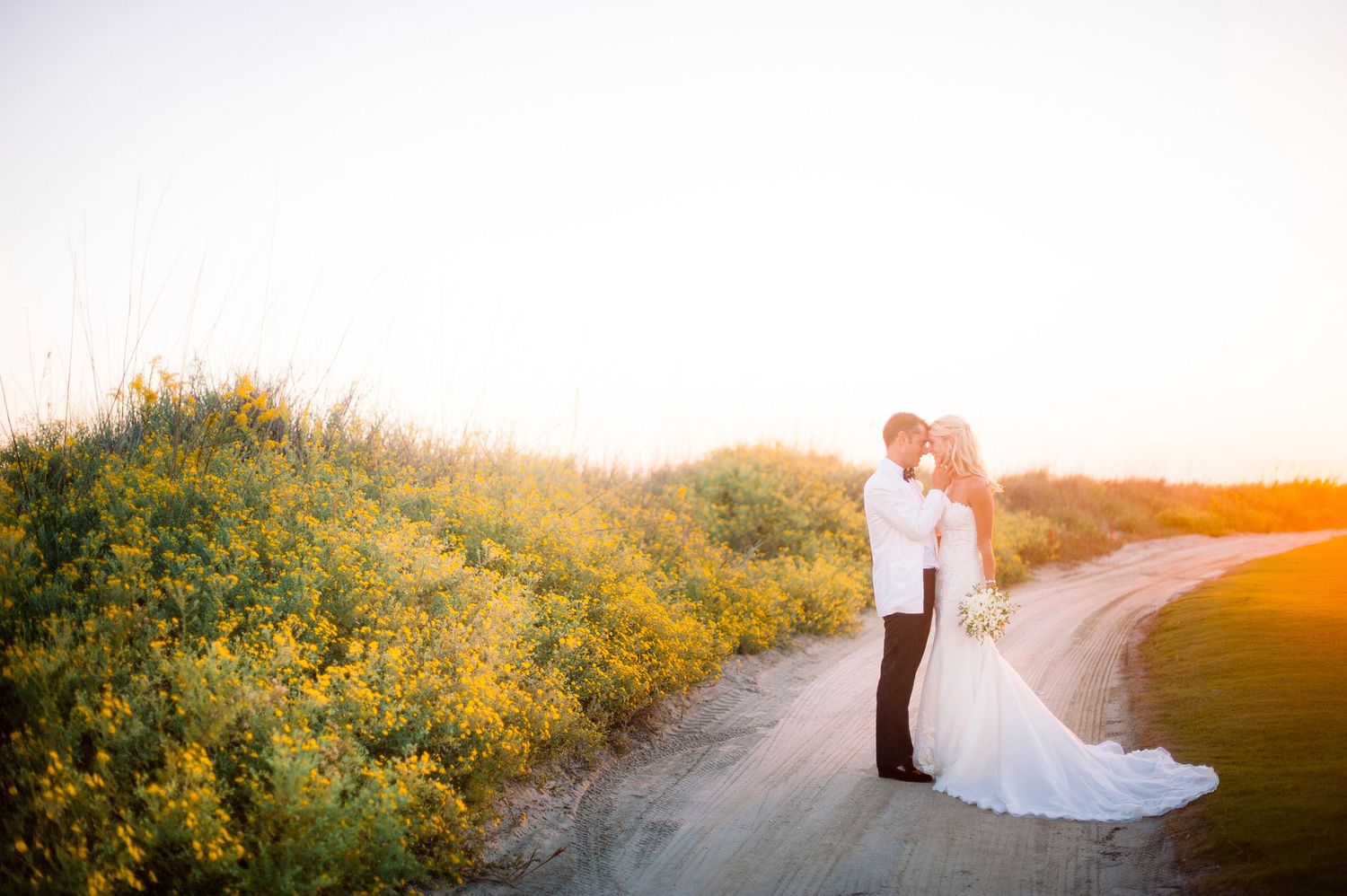 A couple in wedding attire stands in a golden field at sunset while their long veil flows in the wind.