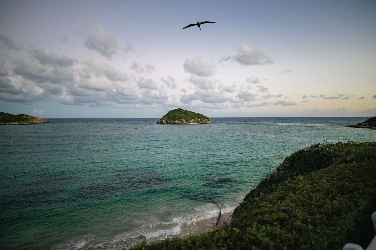 Panoramic ocean views with islands and seabird silhouette against blue sky.