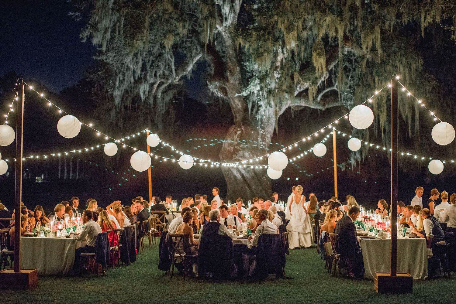 String lights illuminate an outdoor evening wedding reception with tables set beneath oak trees draped in Spanish moss.