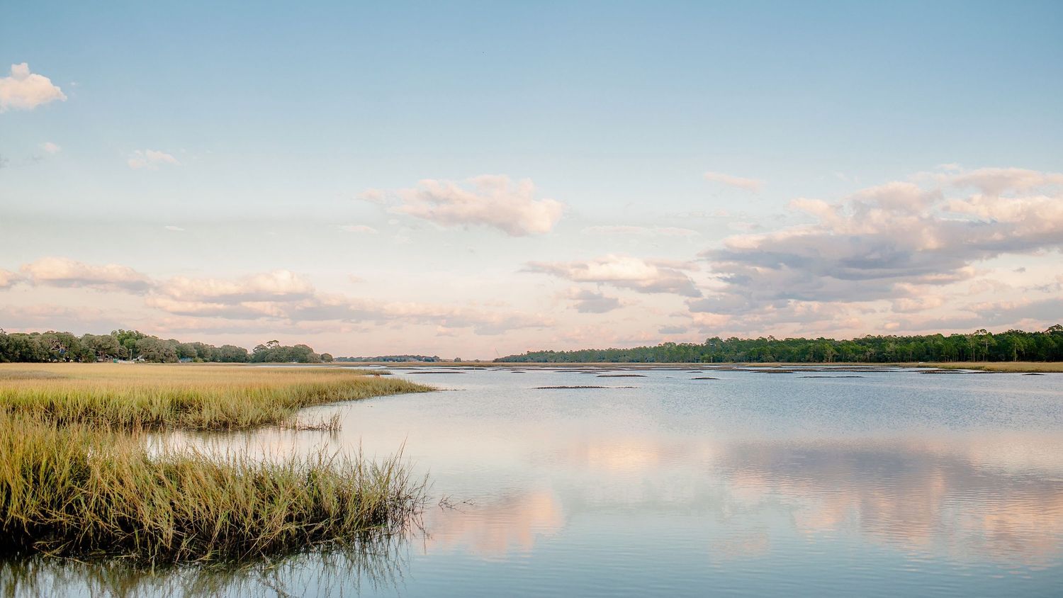 Panoramic view of a serene lake with marsh grasses and pastel sunset sky reflecting on calm waters.