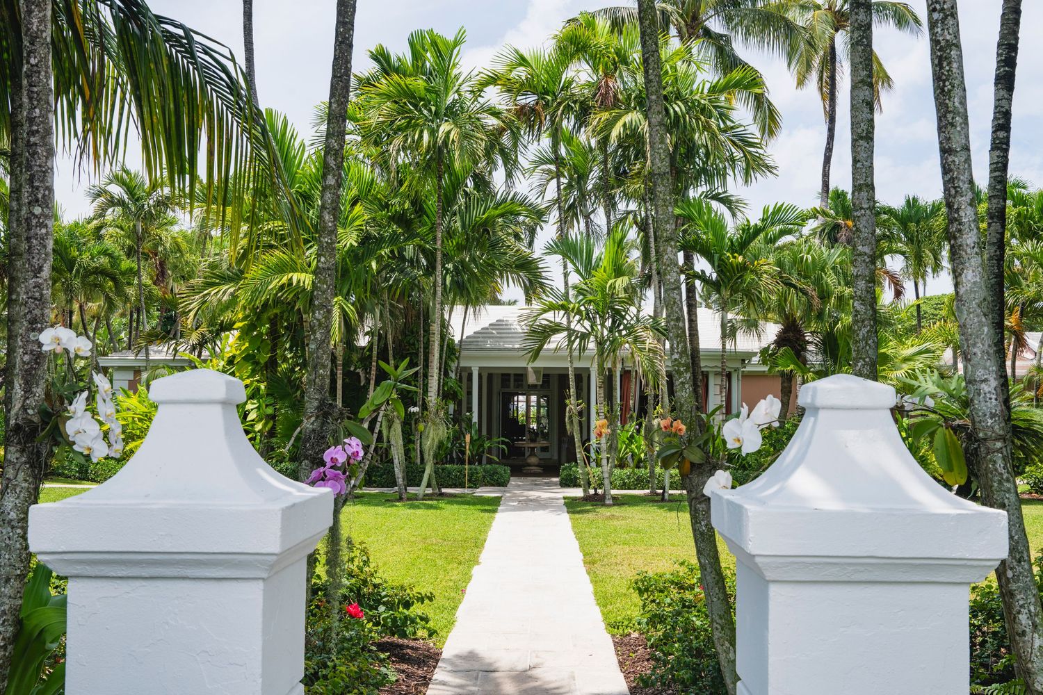 Tropical garden path lined with tall palm trees and white pillars leads through a lush resort landscape.