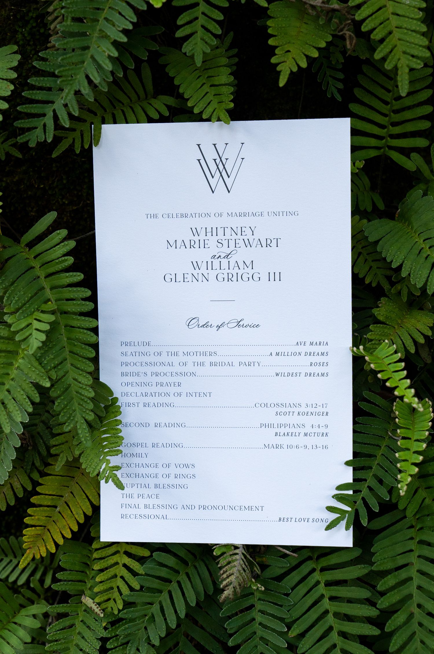 Wedding invitation cards displayed against green fern leaves background showing elegant typography and details.