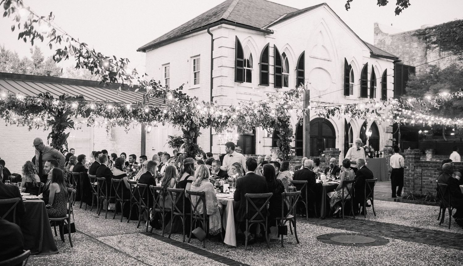 A black and white photo montage showing multiple outdoor gatherings and social events from a historical period.