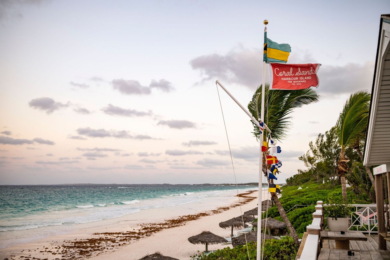 Scenic beach wedding venue setup with thatched umbrellas and palm trees along the coastline at sunset.