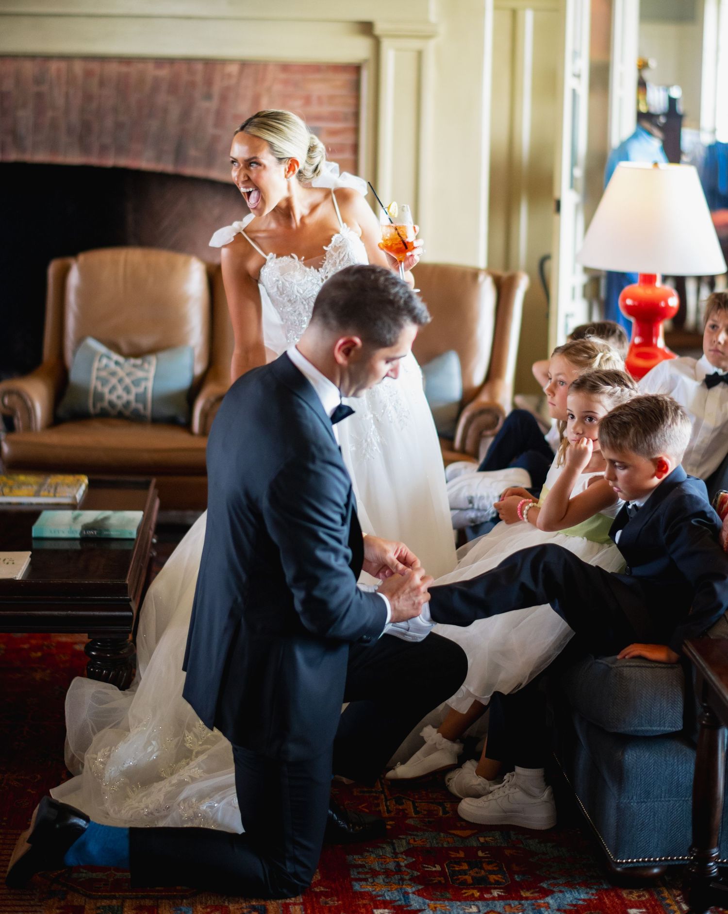 Series of candid moments showing guests interacting at an indoor wedding reception.
