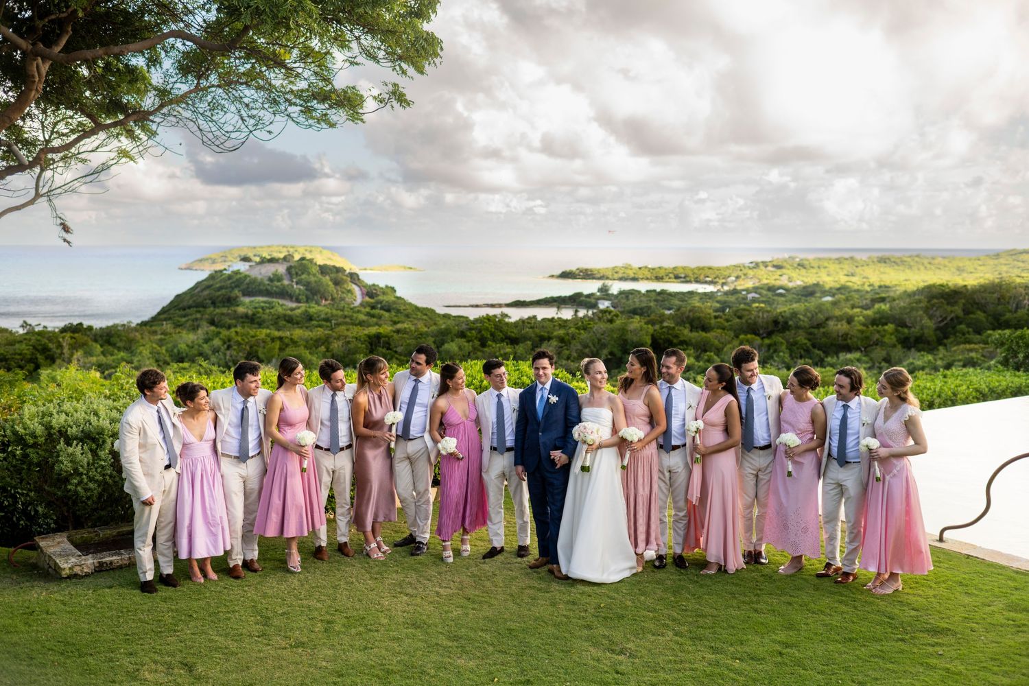 Wedding party in pink and blue attire poses together on a scenic hilltop overlooking the ocean.