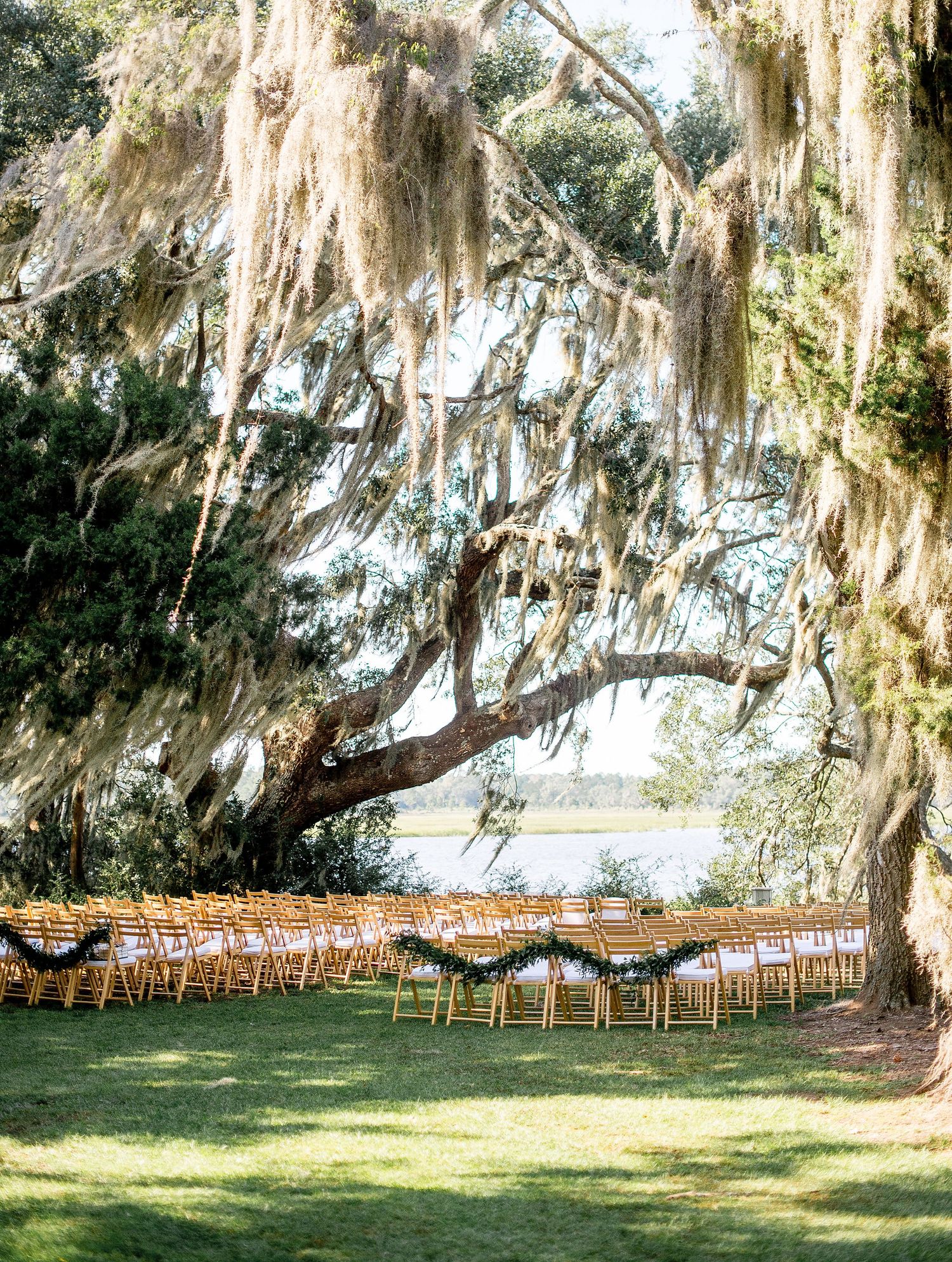 Rows of wooden folding chairs arranged under Spanish moss draped oak trees for an outdoor wedding ceremony.