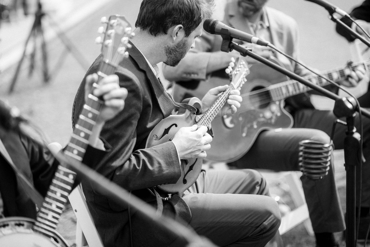 Black and white collage of musicians performing on stage with guitars and microphones during a live concert.