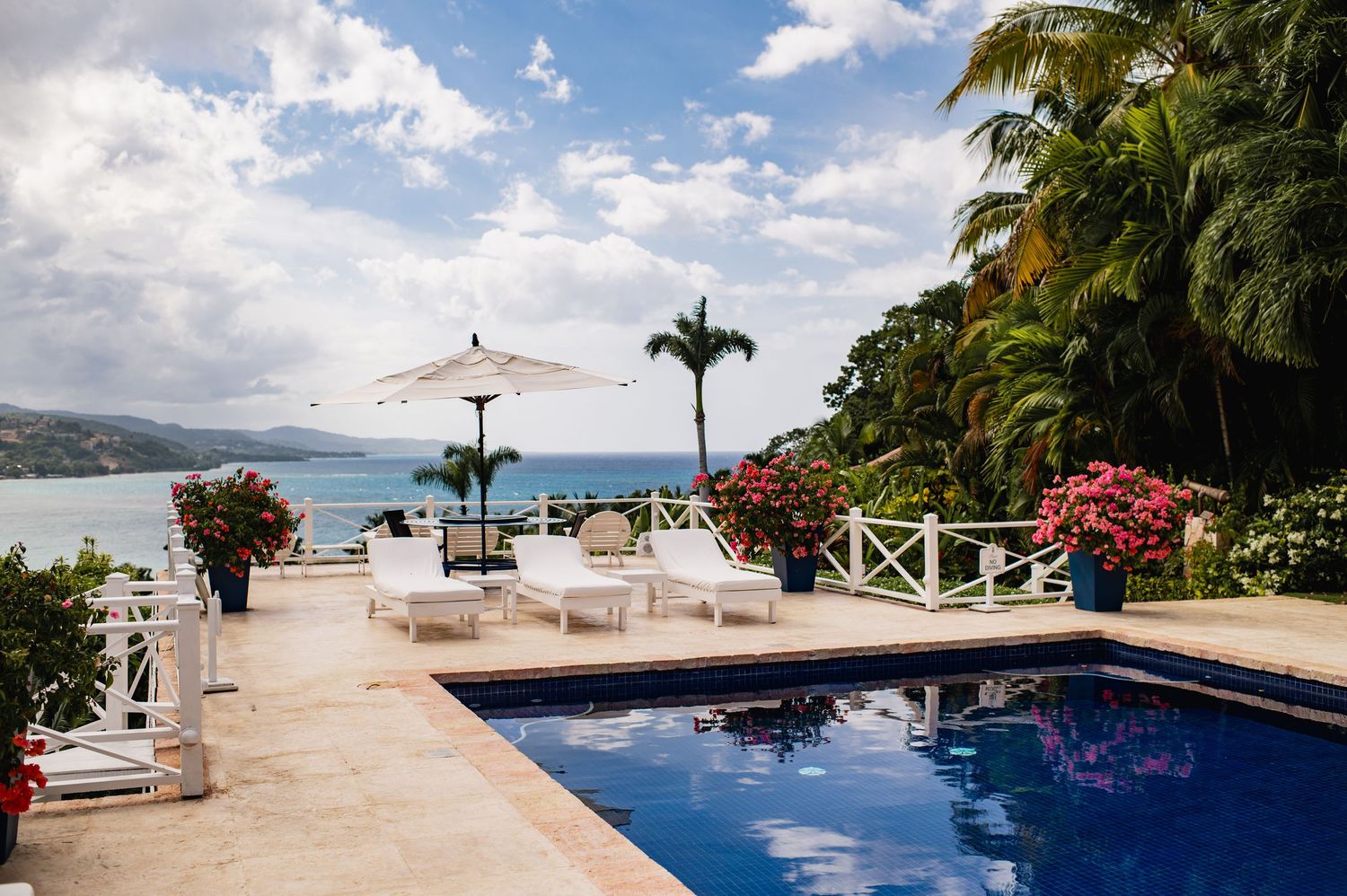 Scenic ocean view resort with infinity pool, palm trees, and white railings overlooking the Caribbean Sea.