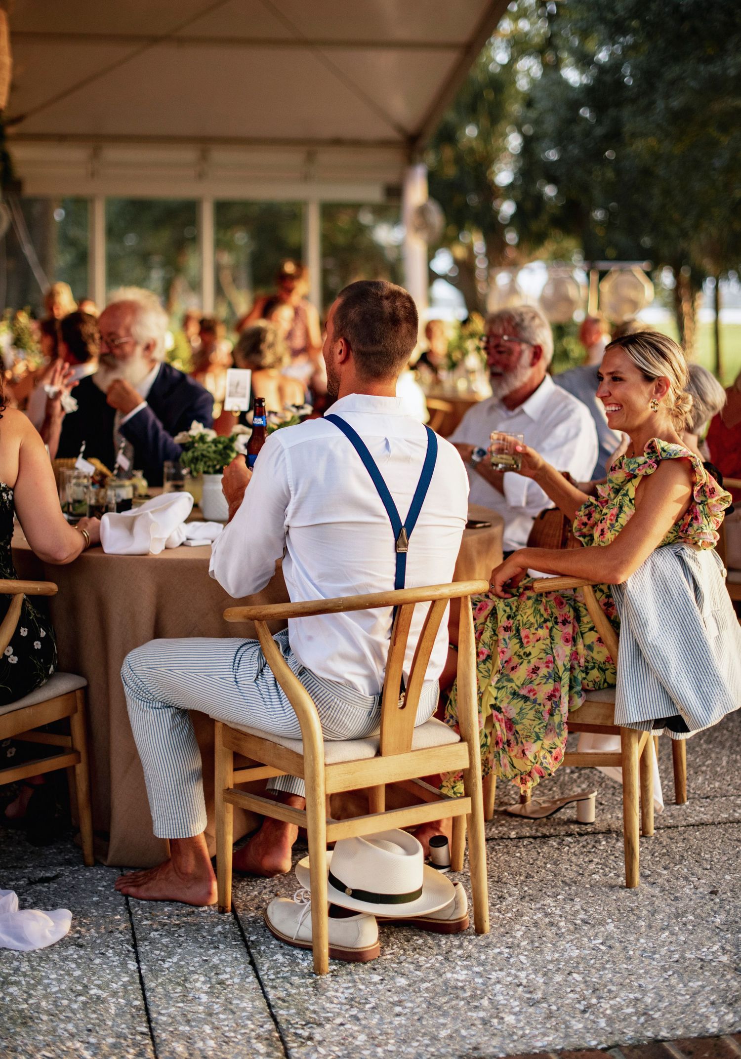 Sequence of five photos showing guests sitting in wooden chairs at an outdoor event during golden hour.