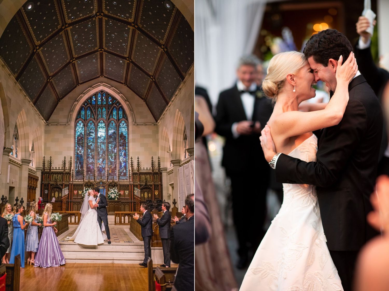 Romantic wedding ceremony and reception moments captured in a traditional church setting with stained glass windows.