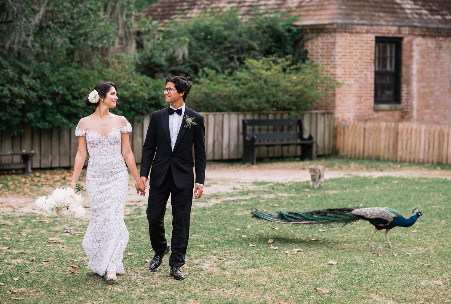 A series of romantic wedding photos showing a couple walking together through various outdoor settings.