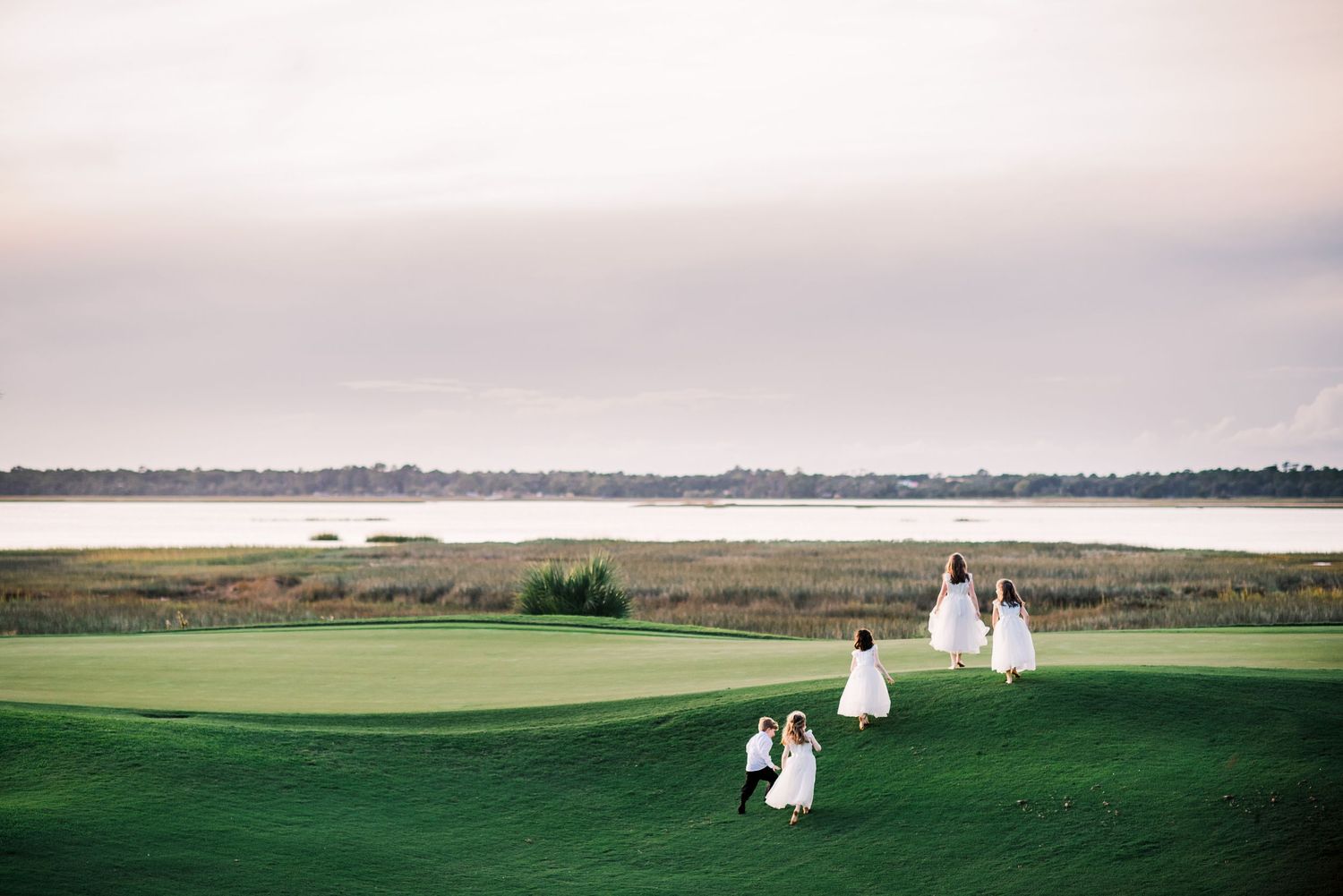 A panoramic series of wedding photos showing figures in white dresses against rolling green countryside landscapes.