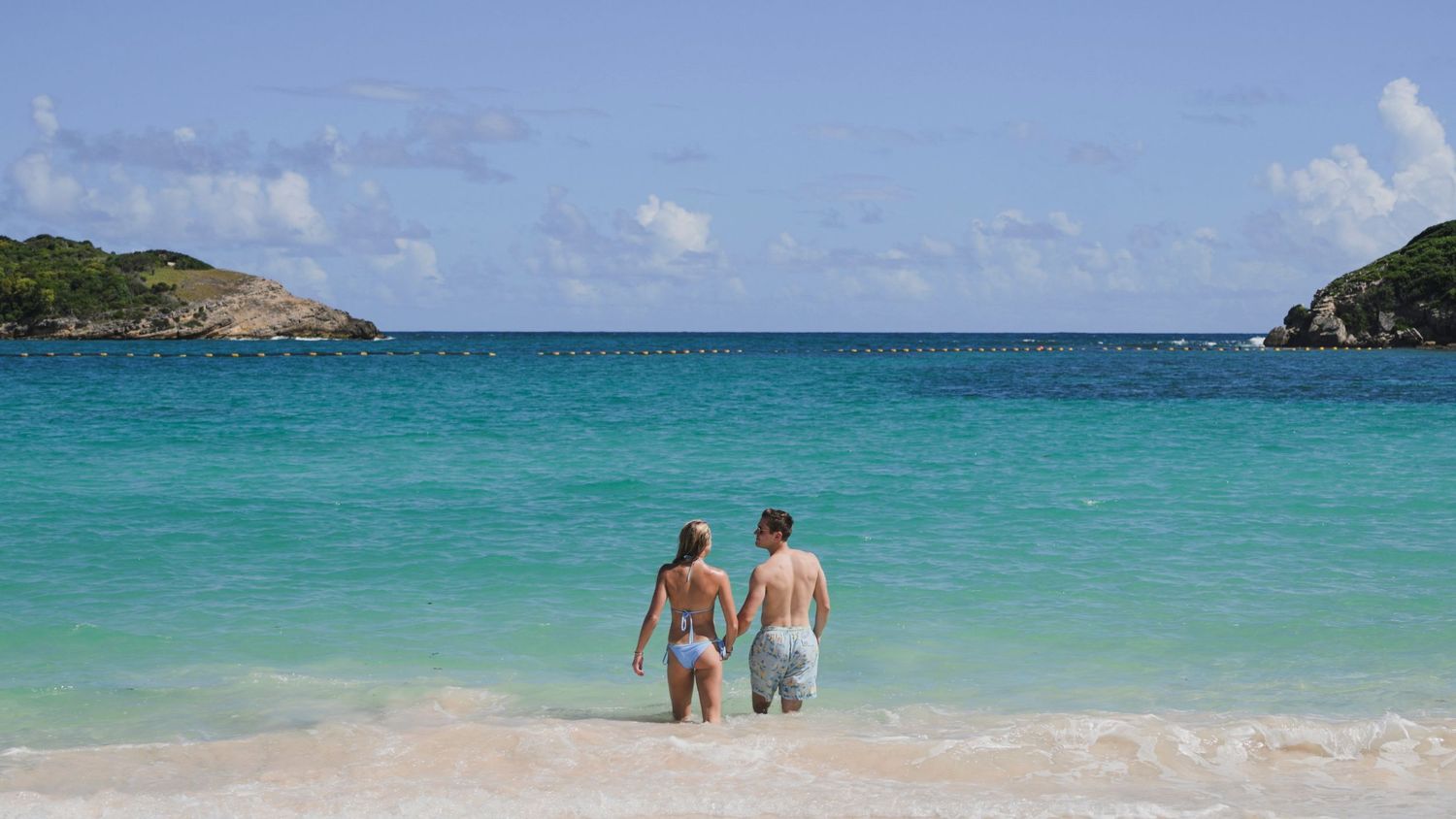 A series of six tropical beach scenes with turquoise waters and sandy shores under sunny skies.