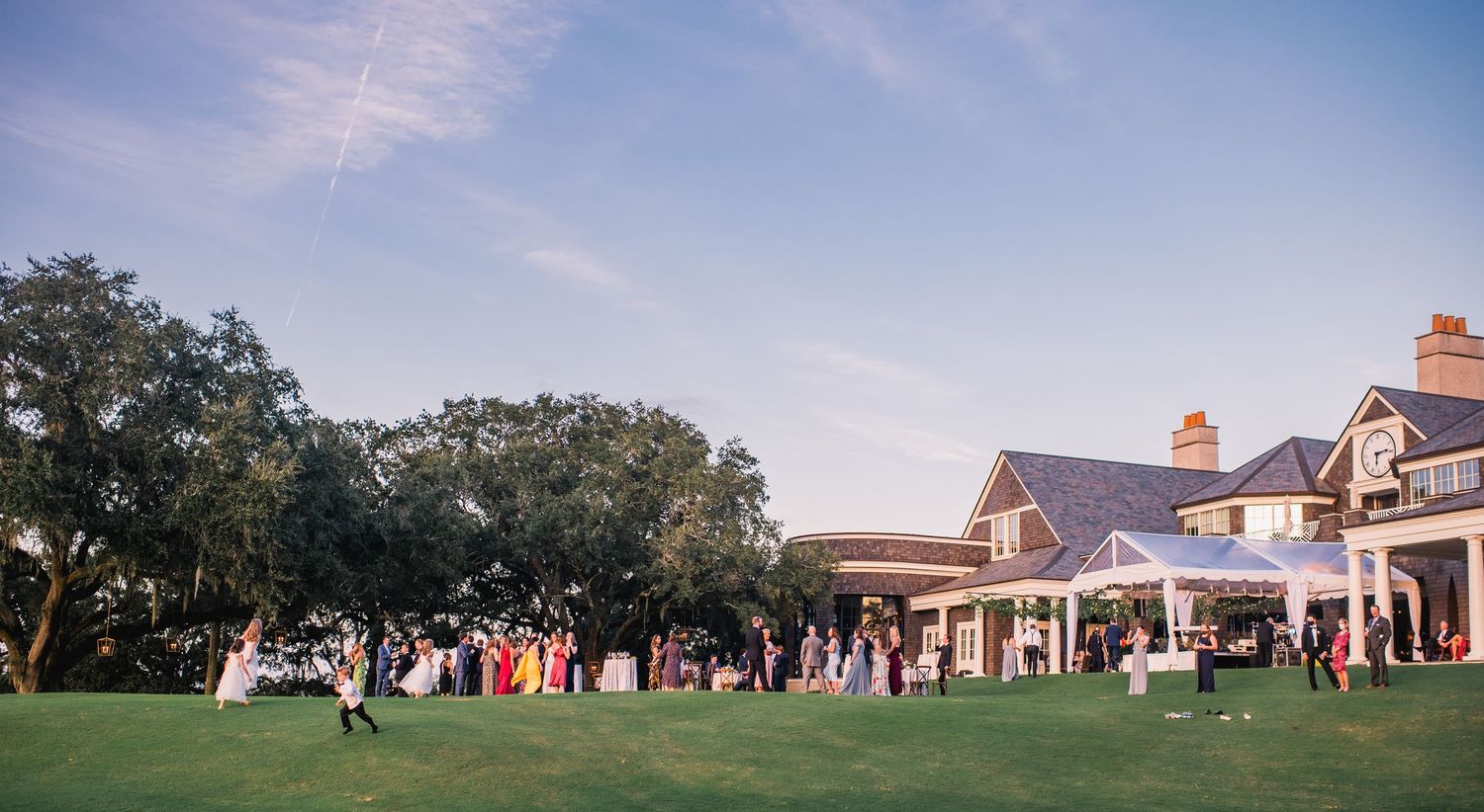 A panoramic collage of a golf course showing various views of the greens, clubhouse, and fairways.