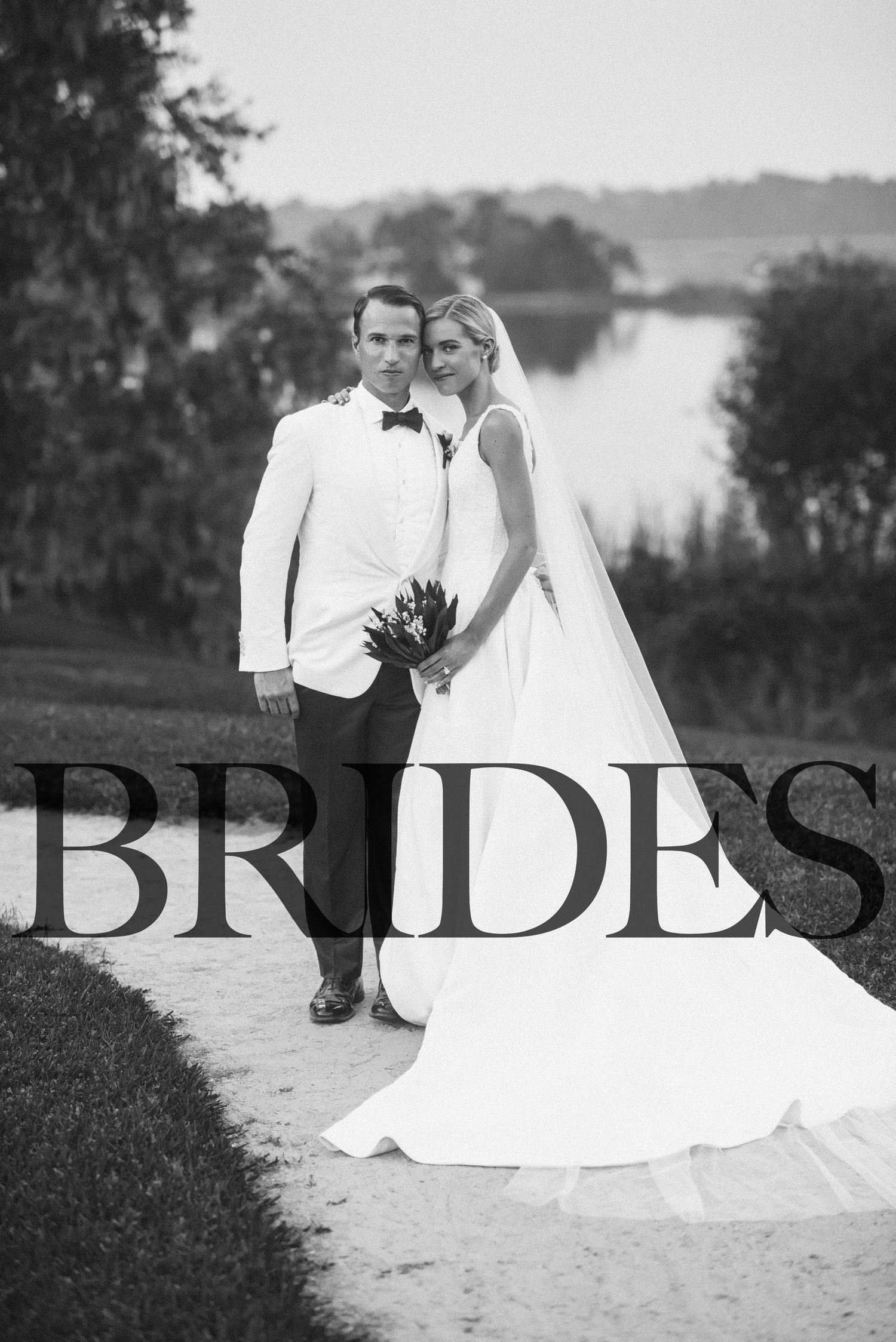 Black and white wedding photograph series showing a couple sitting together outdoors by a lake.