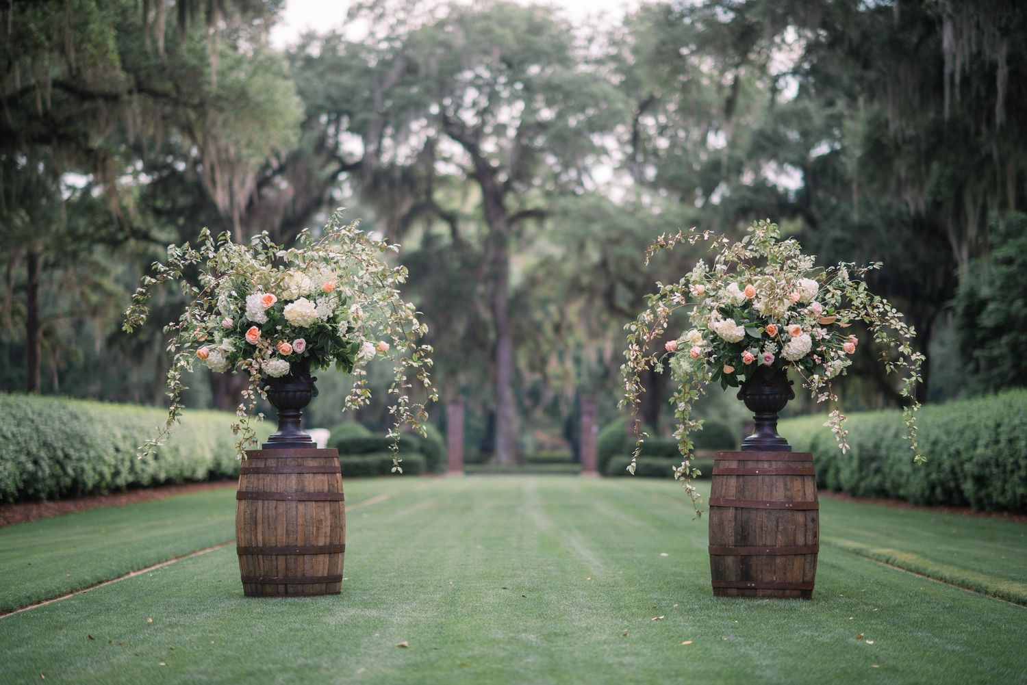A lush garden pathway lined with oak trees and decorative barrel planters creates a serene outdoor walkway.