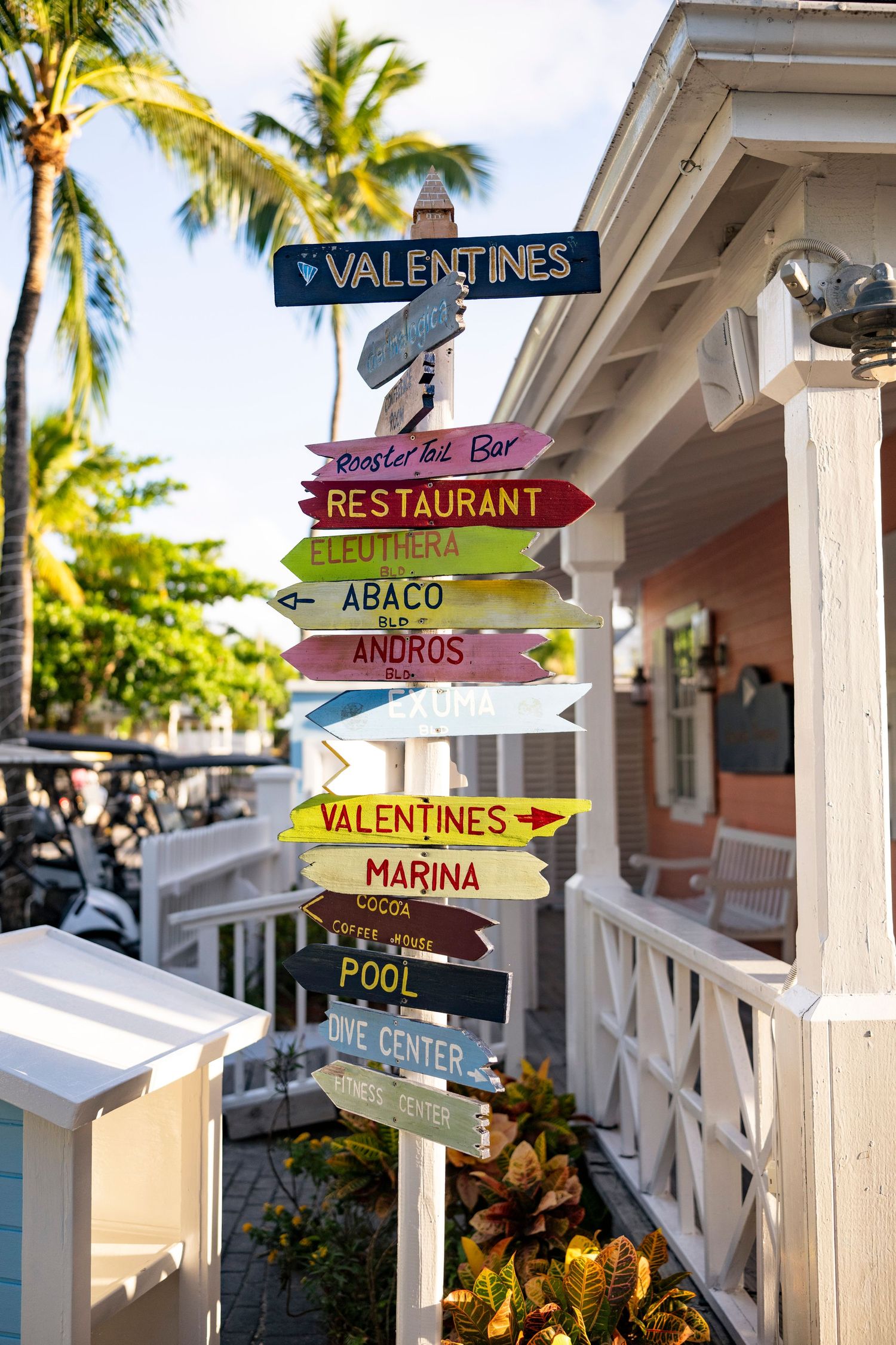Colorful directional signs point to various resort amenities including pool, marina, and restaurant against a tropical palm backdrop.