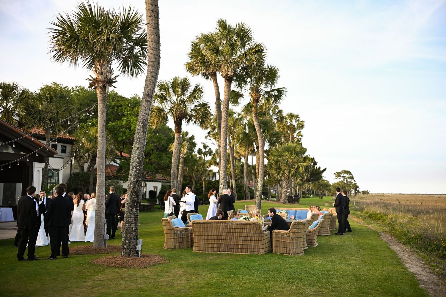 Palm trees line a scenic outdoor wedding ceremony venue with guests gathering on a grassy lawn by the ocean.