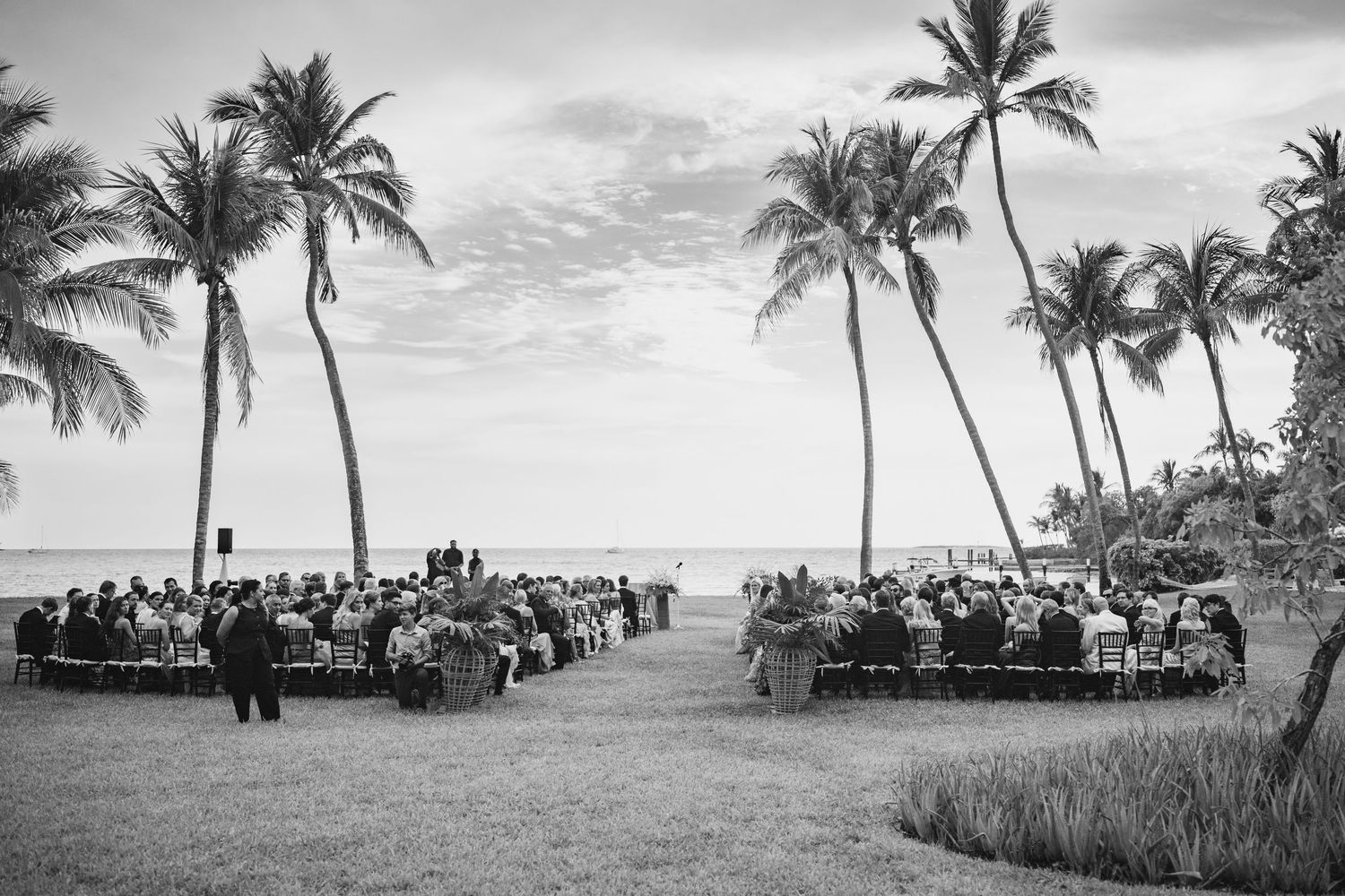 Black and white photo of an outdoor dining event with tables set up between palm trees on a tropical beach.