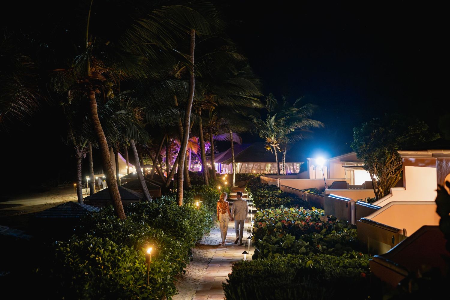 Illuminated tropical resort pathway at night with palm trees and ambient lighting.