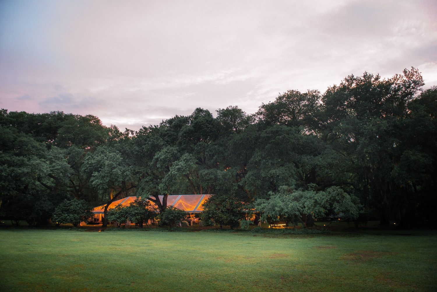 A panoramic view of green fields and trees with glowing orange buildings visible in the distance at dusk.