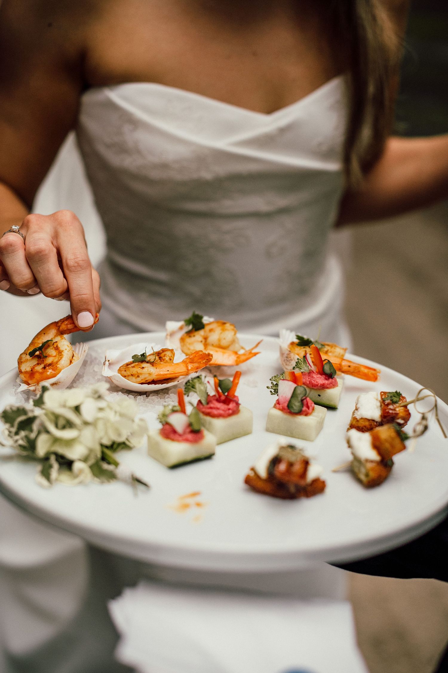 Elegant plated appetizers with seafood and garnishes arranged on white plates in a fine dining presentation.