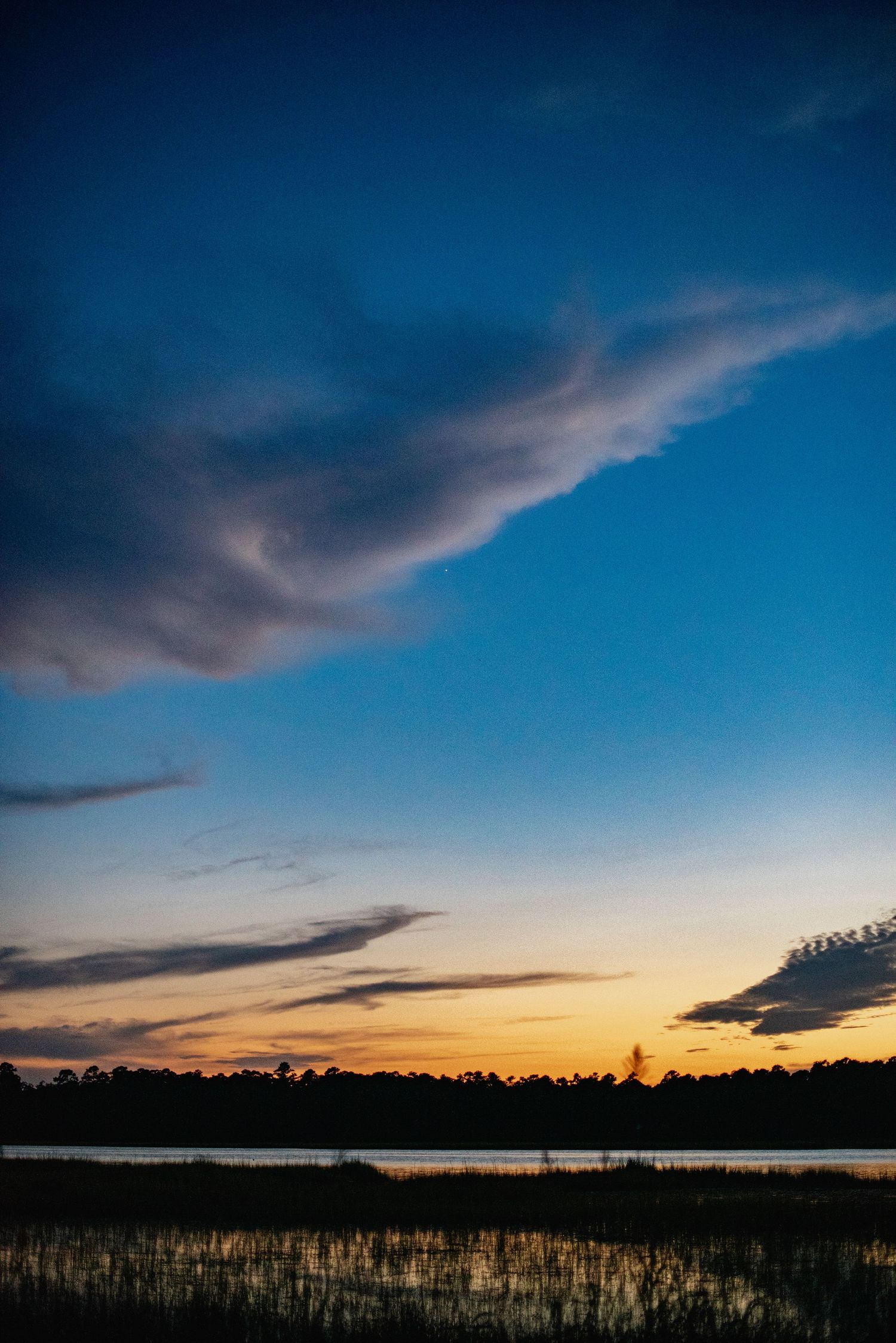 Panoramic sunset over wetlands with dramatic clouds and silhouetted reeds reflecting on still water at dusk.