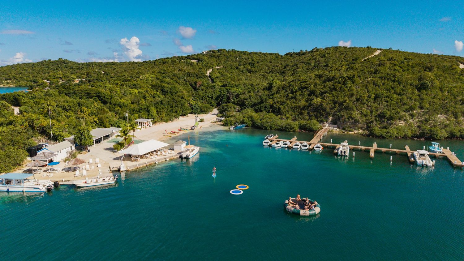 Panoramic view of a scenic marina with boats docked along green forested coastline under bright blue sky.