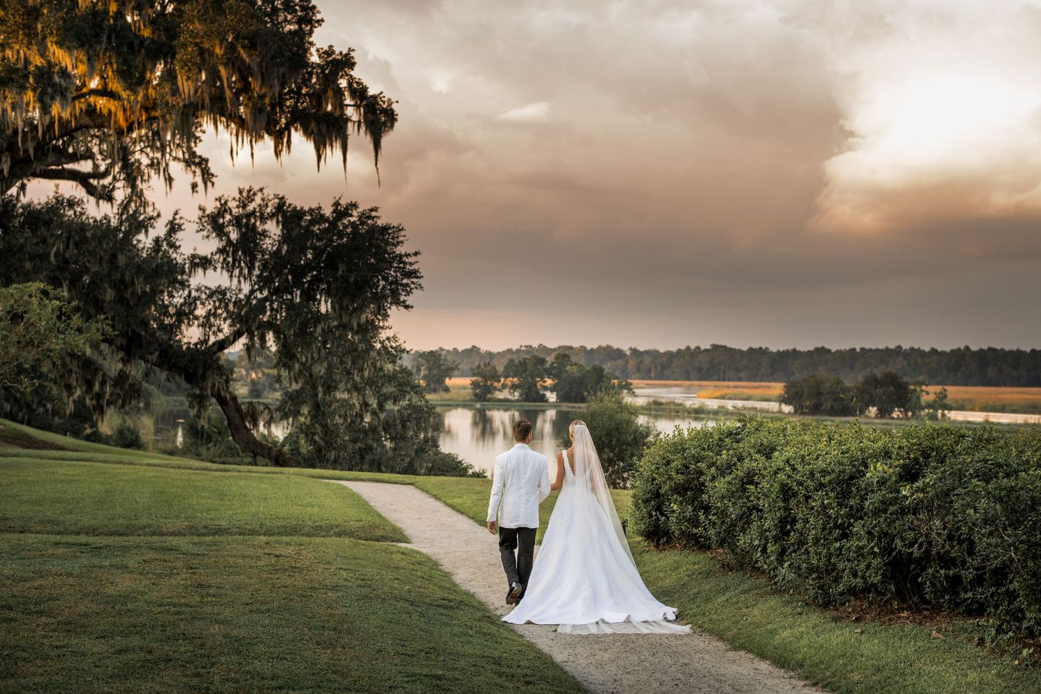 Scenic wedding photography collage showing couples against dramatic sunset skies and lush landscapes at a southern estate.