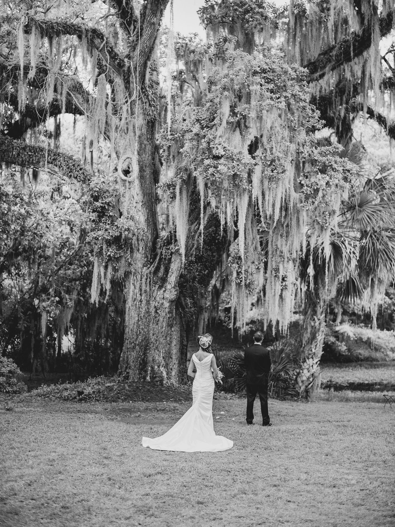 Black and white photo of a couple under Spanish moss-draped trees in a Southern garden setting.