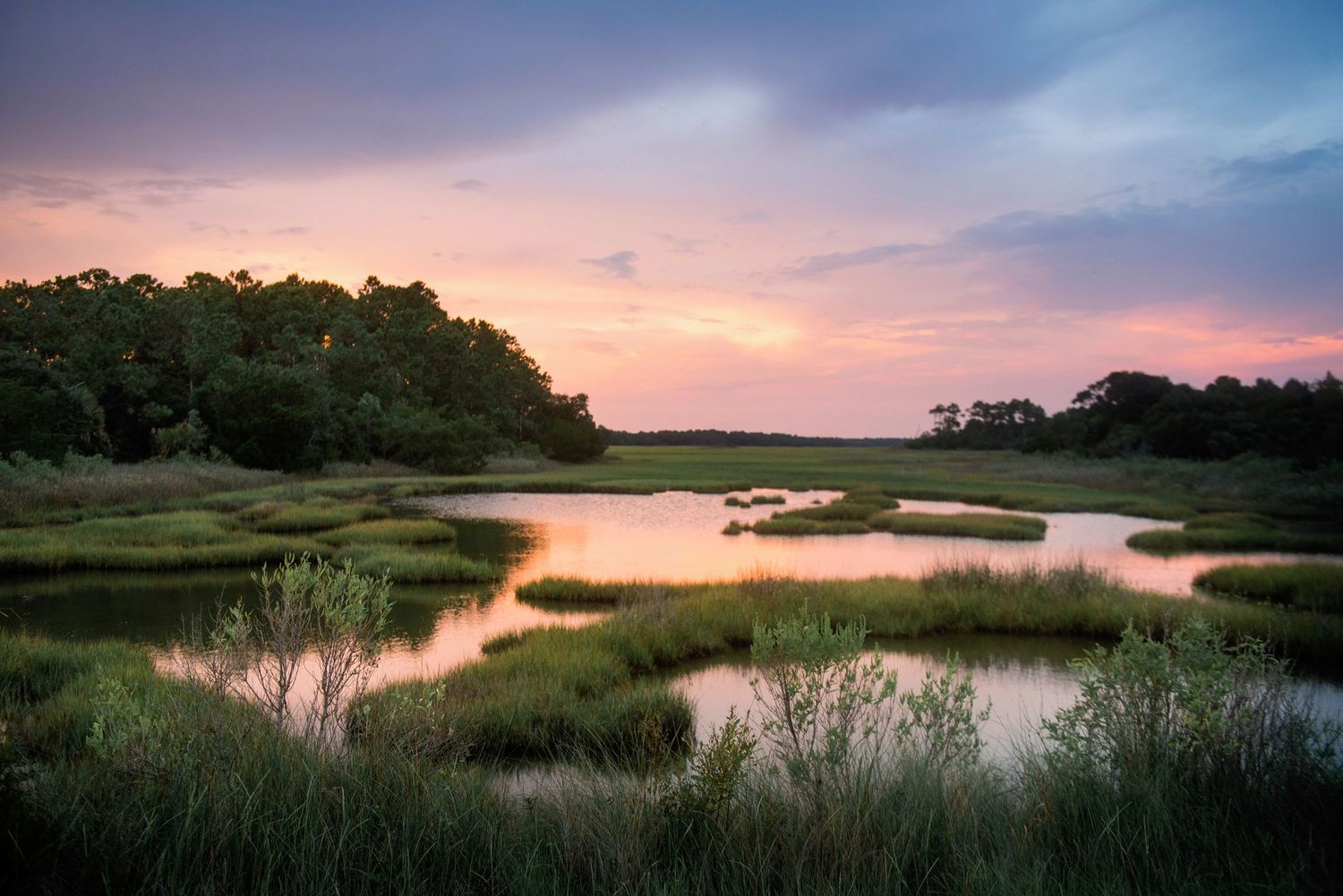 Panoramic sunset view over a peaceful marsh landscape with pink and orange sky reflections.