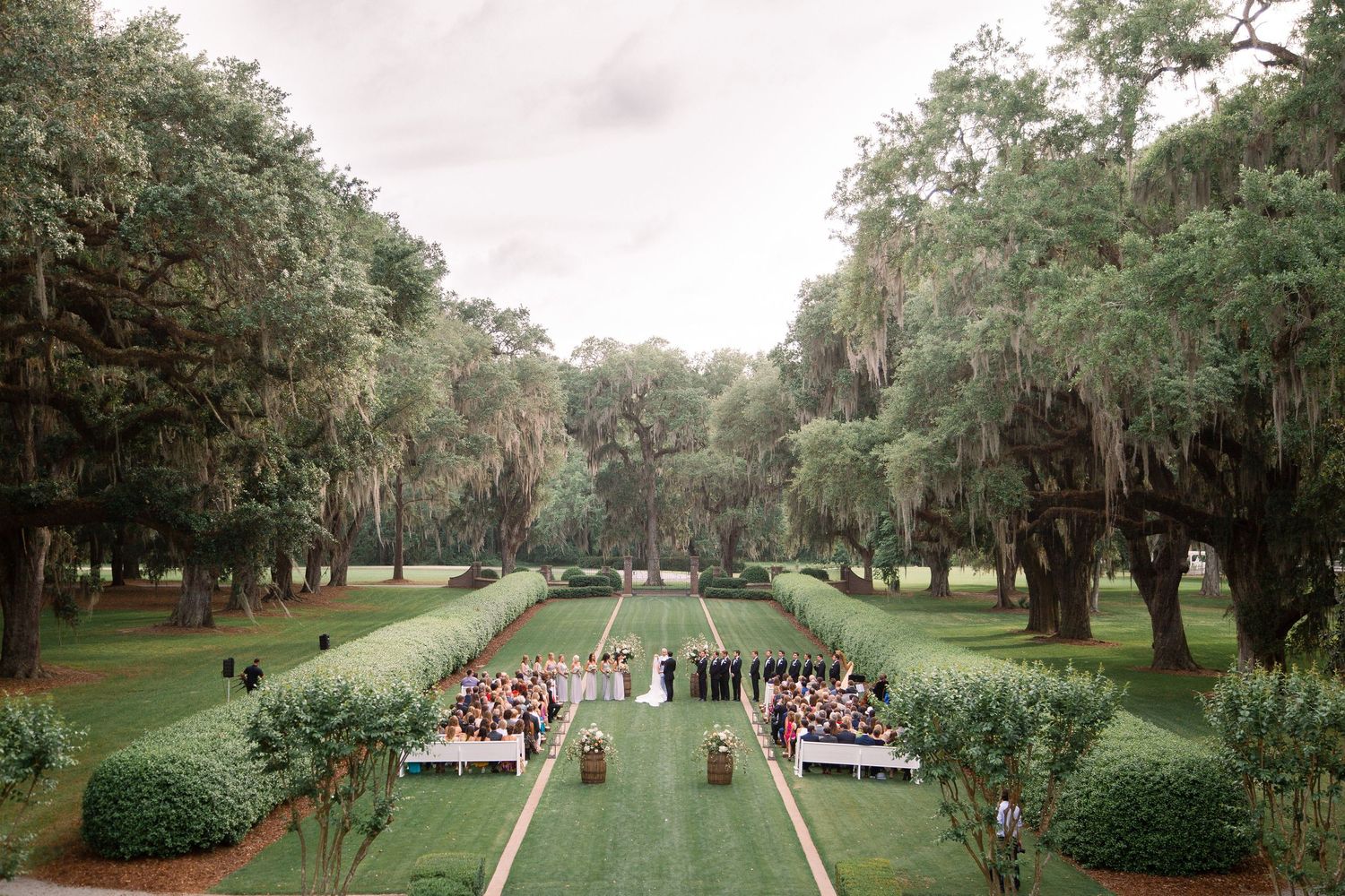 Panoramic view of an outdoor wedding ceremony setup with white chairs on a lush green lawn surrounded by oak trees.