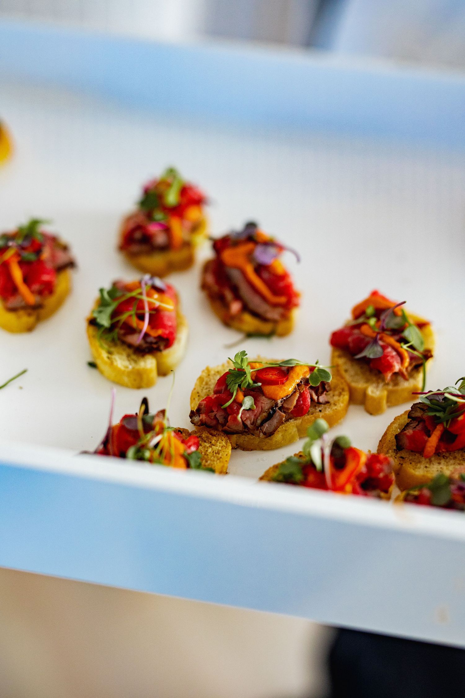 Elegant appetizers featuring roasted tomatoes and herbs arranged on small white plates at a catering event.