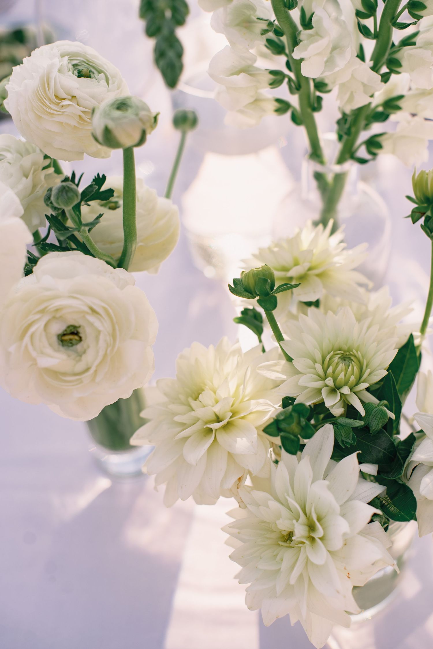White ranunculus and dahlia flowers arranged in an elegant bouquet against a light background.