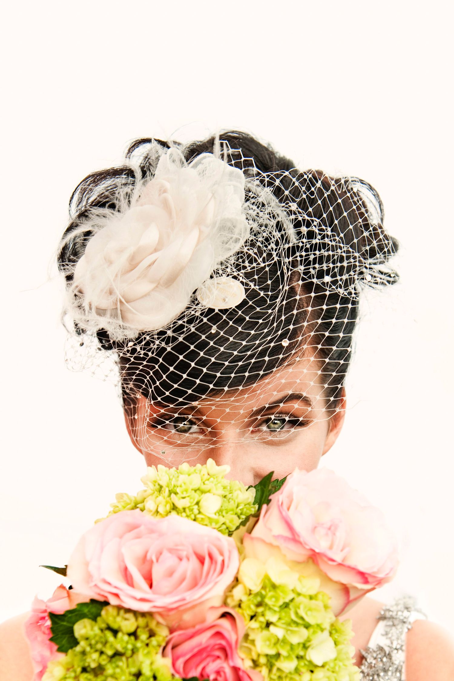 A wedding themed photo series showing floral arrangements and vintage birdcage veils in soft pink and green tones.