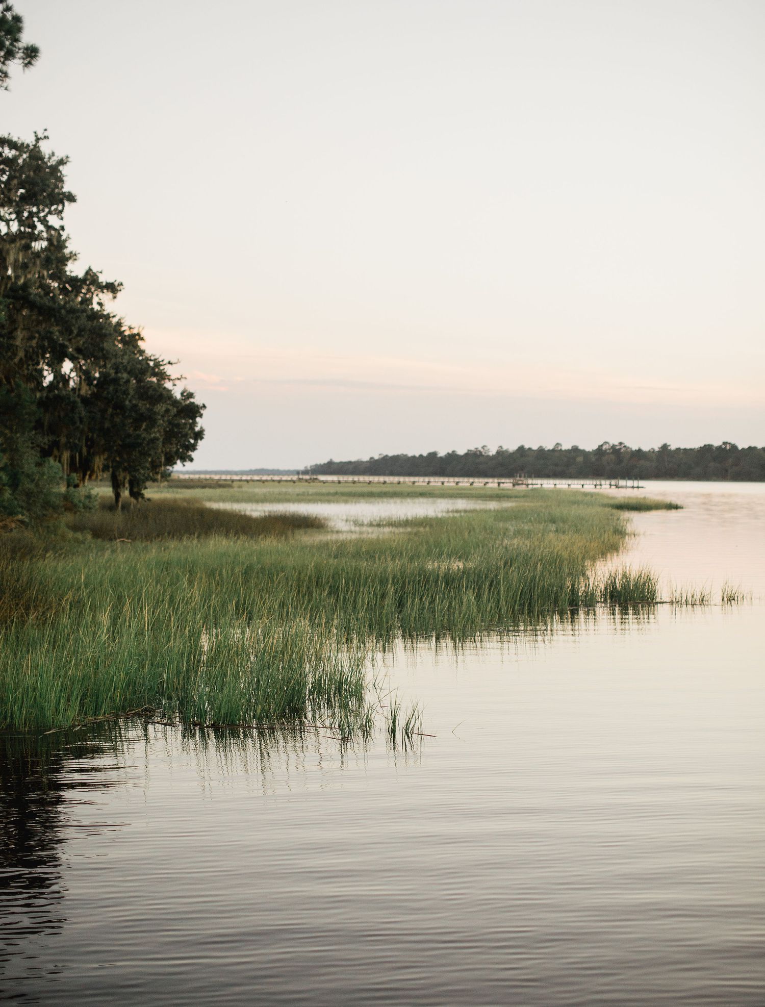 Panoramic view of marsh grass and calm water at sunset with distant tree line along the shoreline.