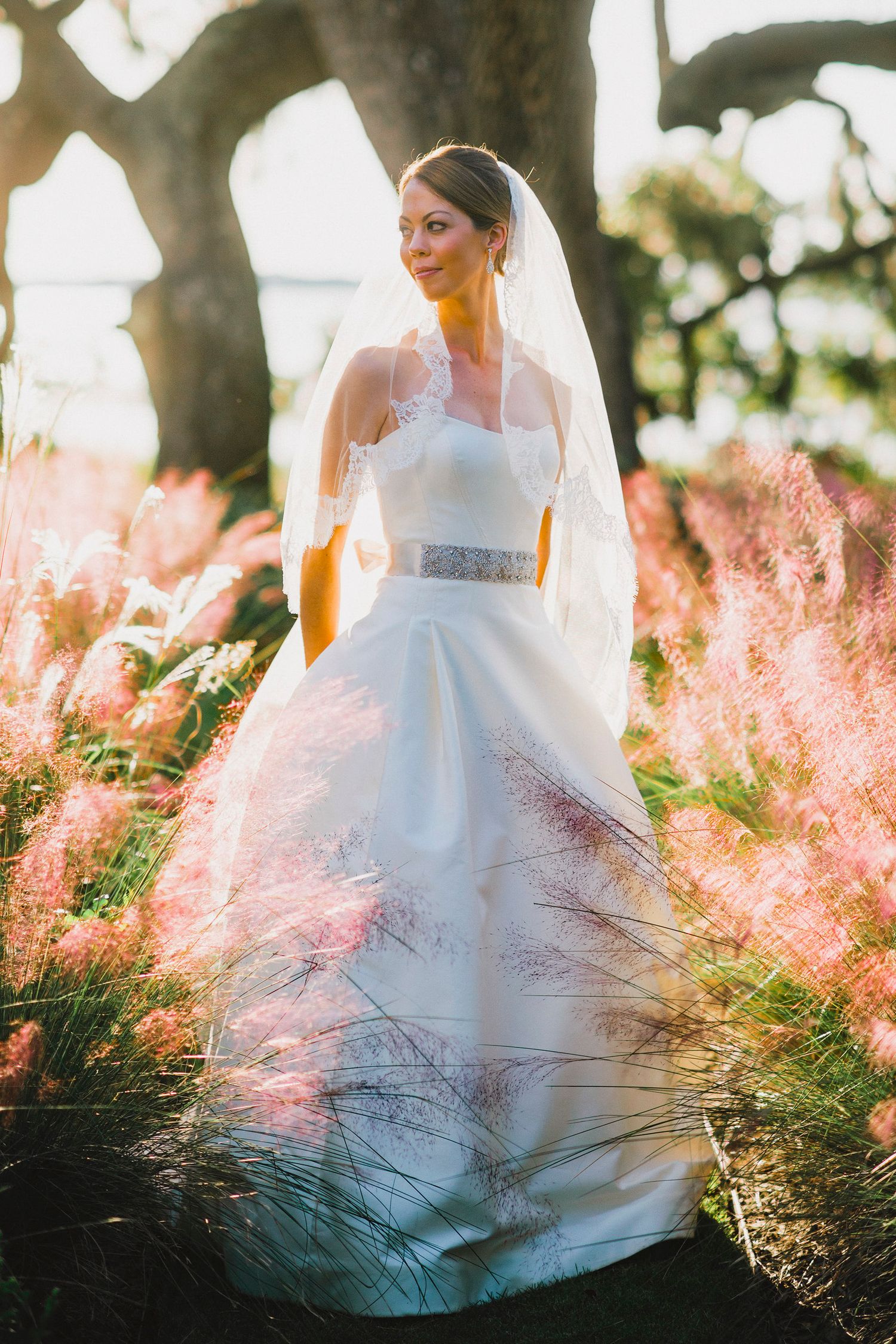 Wedding dress flowing in sunlight among pink ornamental grasses during golden hour.